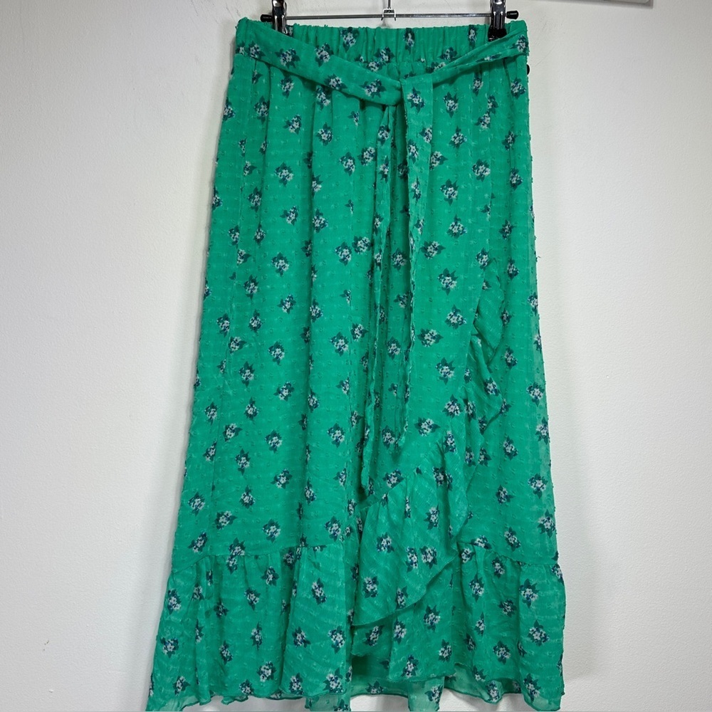 Numph Green Floral Ruffled Midi Skirt Pull On Lined Size Small EU 36
